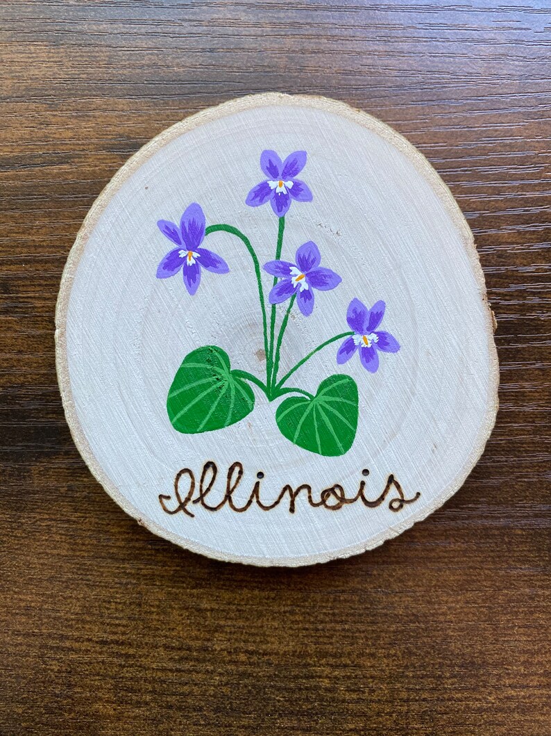 May include: A wooden round disc with a painted image of purple violets with green leaves and the word "Illinois" burned into the wood.