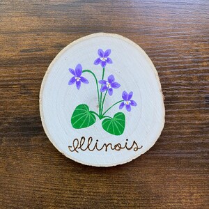 May include: A round wooden slice with a painted purple violet flower with green leaves and the word "Illinois" written in cursive.