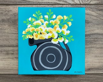 Yellow Snapdragons in Vase - acrylic painting on 6x6 inch canvas