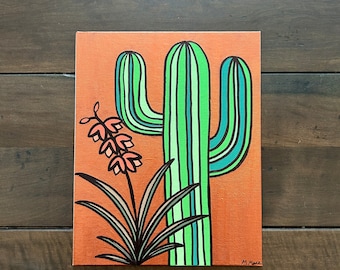 Painting of Cactus Plants with Metallic Background on 8x10 inch Canvas Board