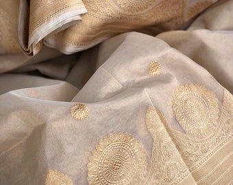 SILK MARK CERTIFIED Shobitam saree Pure Kora Silk Banarasi Saree in Ivory with Pink Borders in Kadhuwa weaving