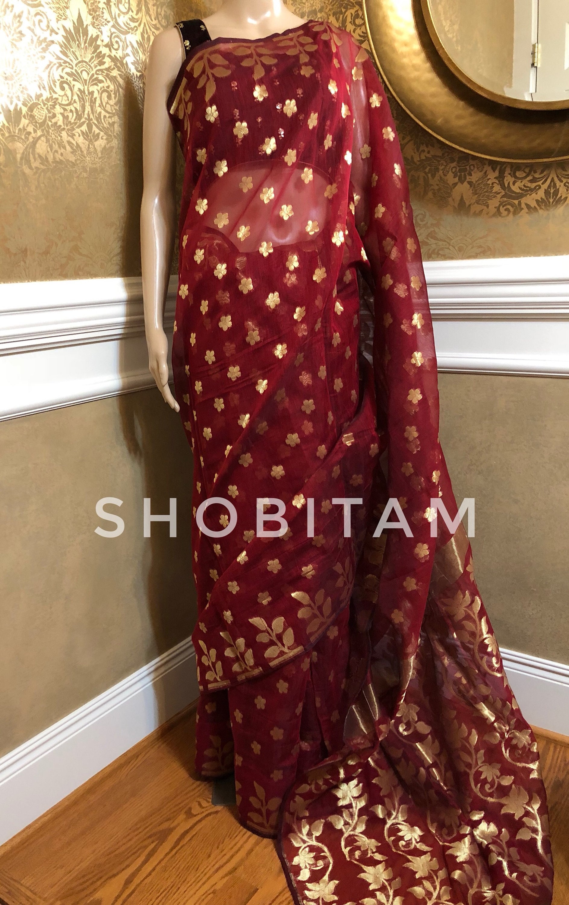 Dhakai Jamdani Saree I Maroon Saree With Full Zari Work Etsy Norway