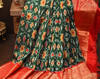 Ikkat Kanjivaram Fusion Silk Saree in Green & Red with Wide Zari Border | SILK MARK CERTIFIED