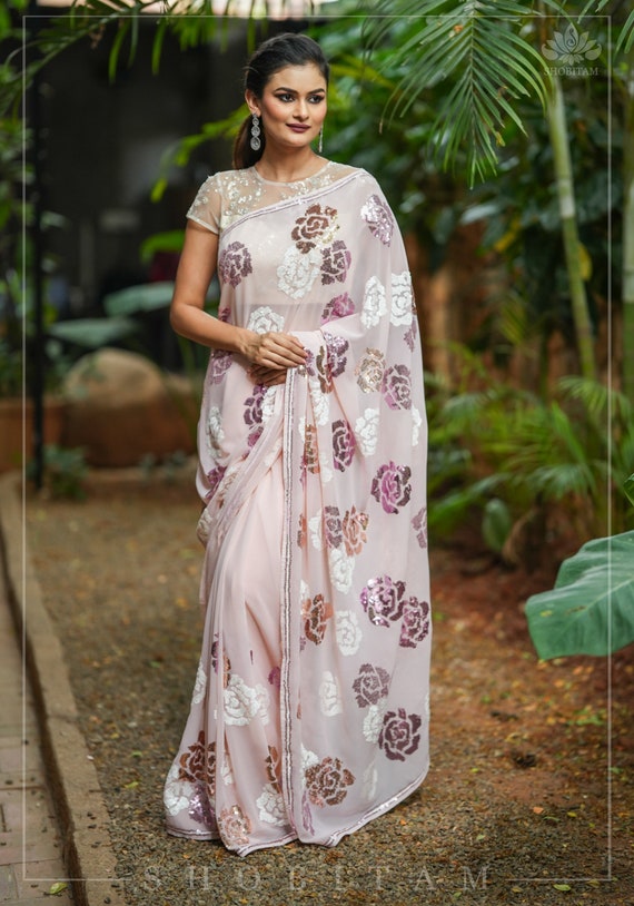 Buy Pastel Peach Sequins Embroidered Georgette Saree Online | Samyakk