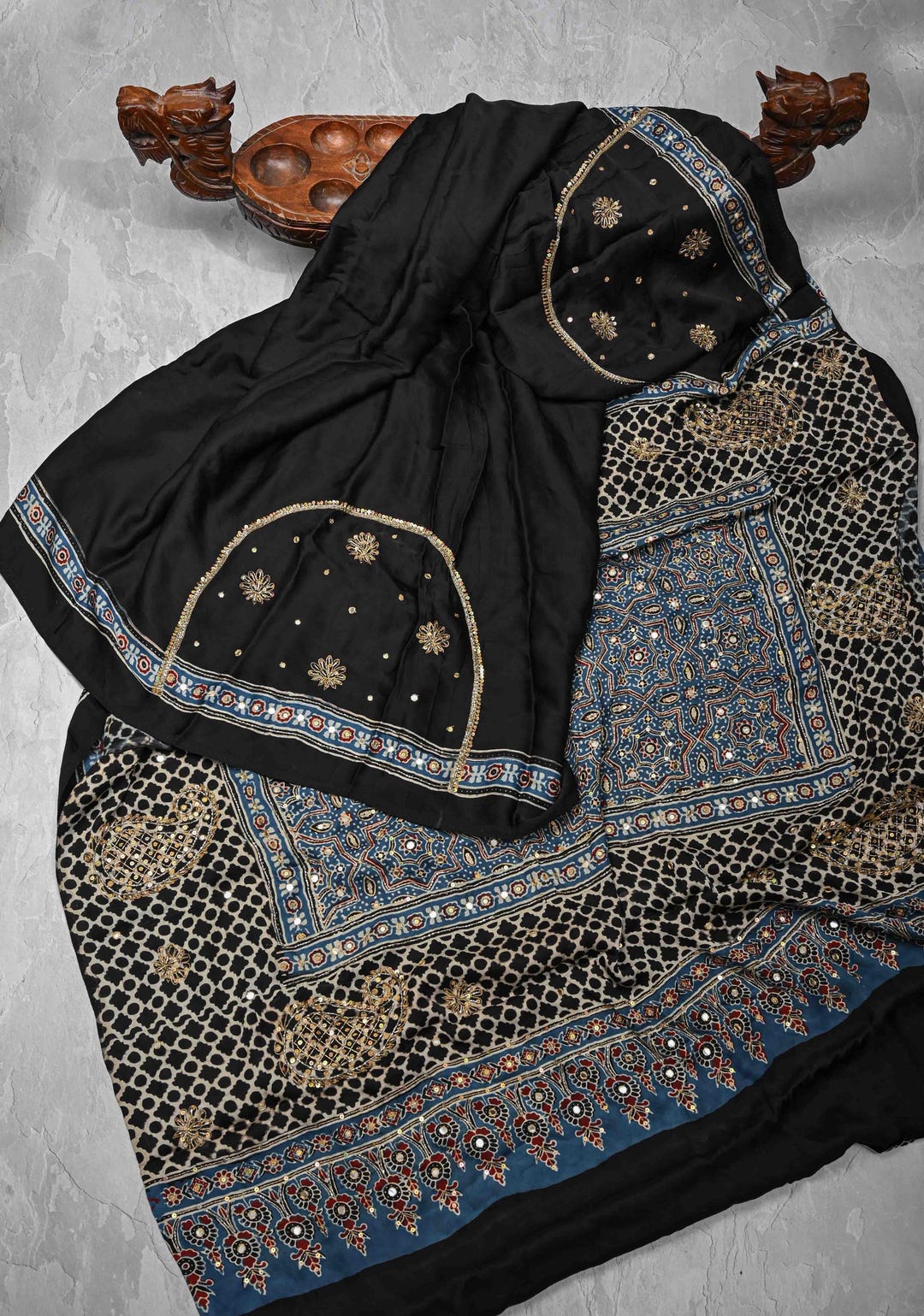 Modal Patch Work Saree with Handblock Print and All-Over Mirror Embellishments for Women