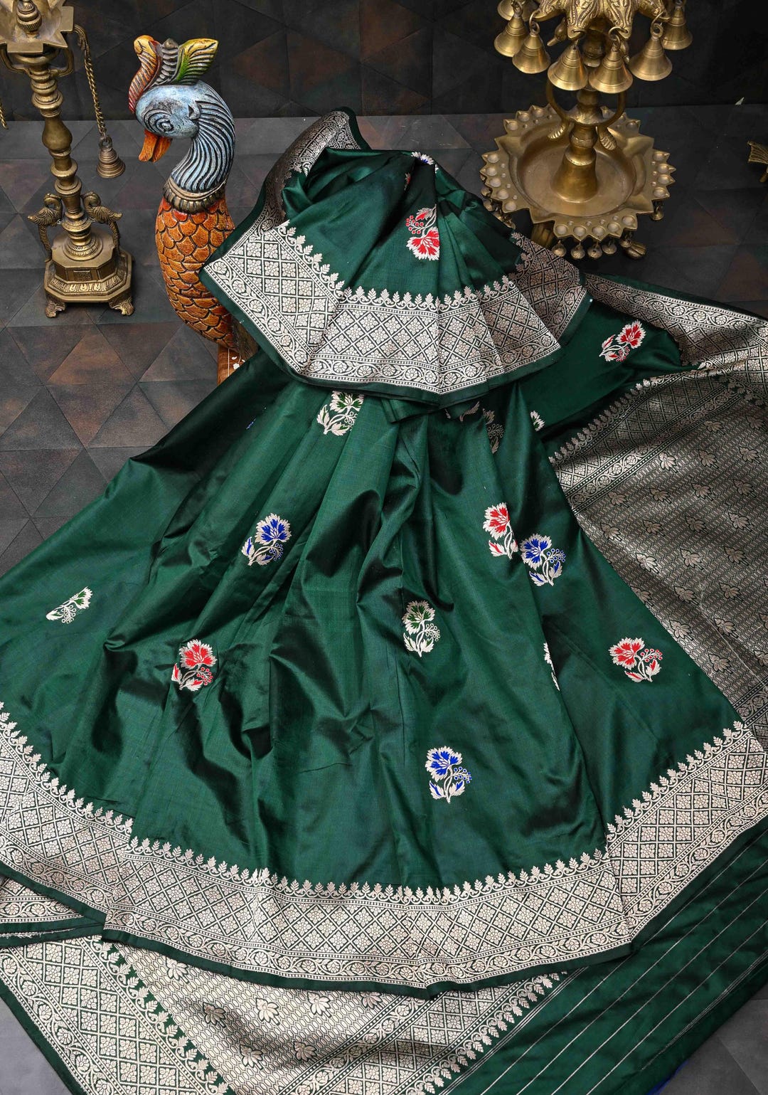 Bottle Green Banarasi Silk Saree with Butta Border & Mustard Blouse main image 0