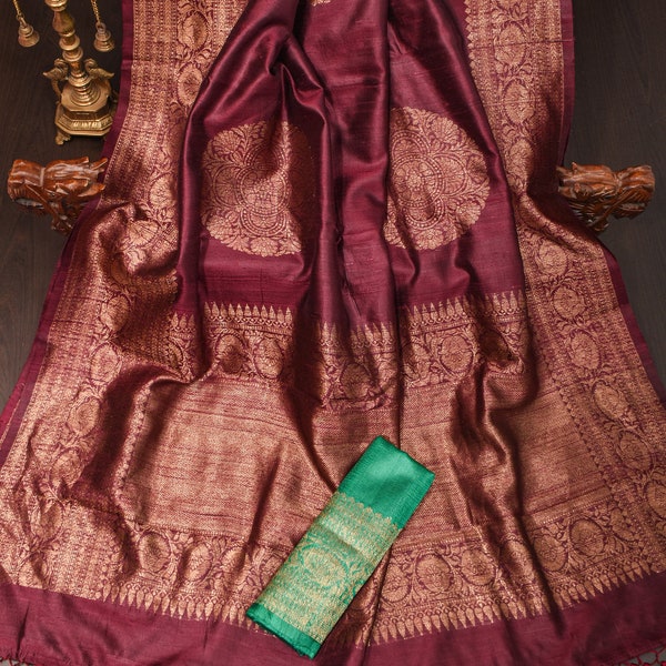 Burgandy Banarasi Tussar Silk Saree with Antique Tone Zari and Gold Zari borders | SILK MARK CERTIFIED