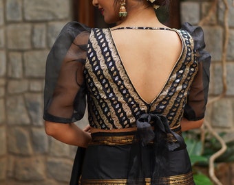 Black Brocade Blouse with Organza Puff Sleeves  Mix and Match Blouse for saree, Made to Order