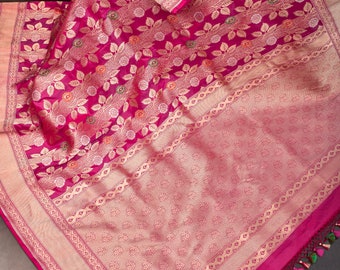 Meenakari Rose Creeper Jaal on Katan Silk Banarasi Saree in Pink Dual Tone | SILK MARK CERTIFIED
