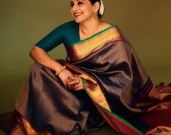 Exquisite Brocade Gadwal Silk Saree in Prussian Blue gold with Wide Border | SILK MARK CERTIFIED
