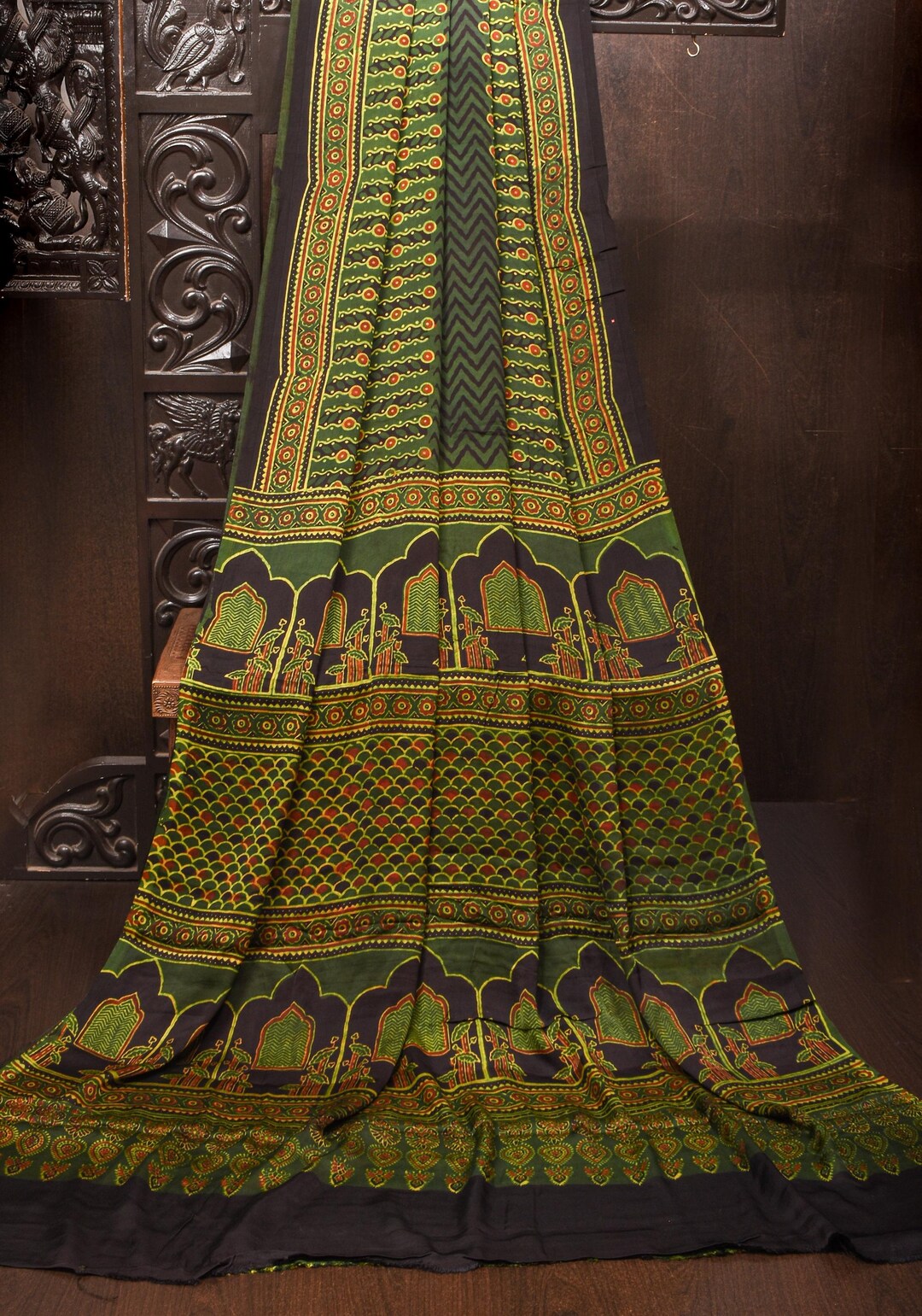 Green - Natural Dyed Dola Silk Hand Block Ajrakh Print Fabric 18