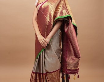 Preorder: Gray Exquisite Brocade Gadwal Silk Saree with floral Jaal and extravagant 16 inch Zari border | SILK MARK CERTIFIED