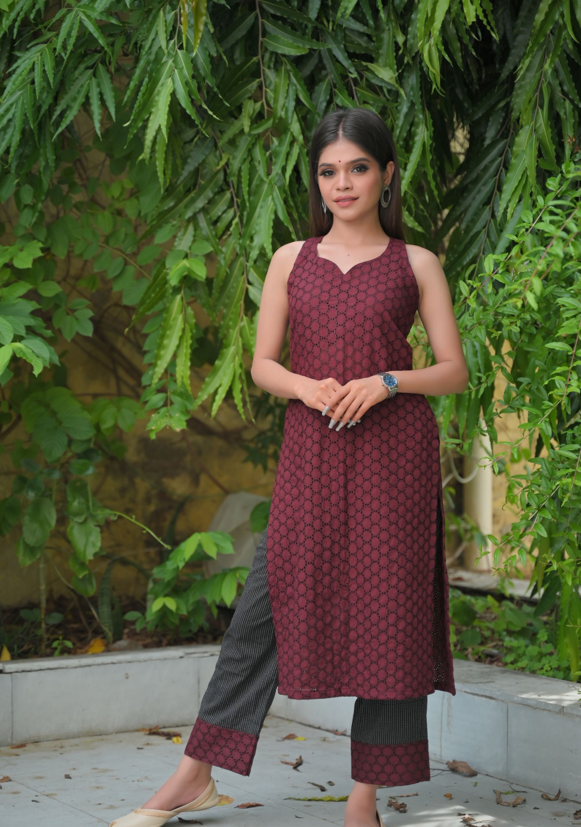 Aadhya : Maroon Hakoba and Black Cotton Kurti and Ankle Length Pant - 2  piece Indo Western Set | Made To Order