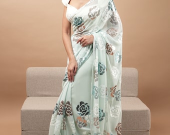 Georgette Saree in pastel Aqua with Rose Design Sequin  work