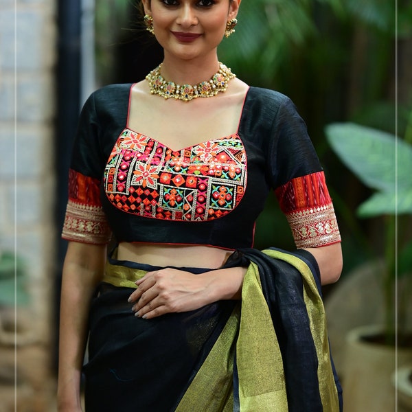 Black and Red blouse with Kutch work style yoke and Ikkat and Sequin Trim Borders