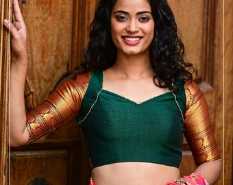 Emerald green narayanpet cotton sweet heart neck armband blouse