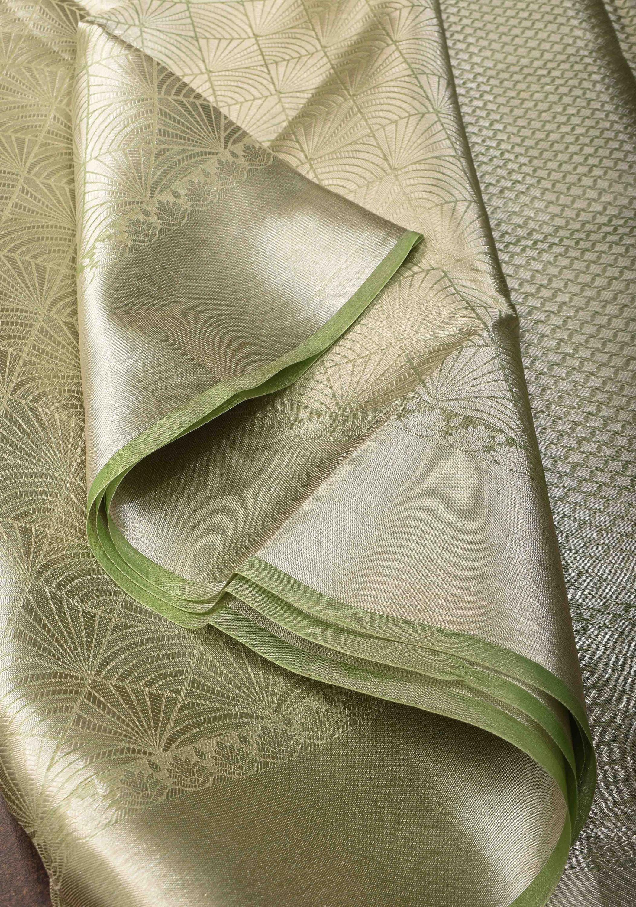 Pista Green Banarasi Handwoven Tissue Organza Silk Saree with Kolam Brocade and Zari Border | SILK MARK CERTIFIED