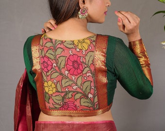 Authentic Pen Kalamkari full sleeve Narayanpet Cotton Blouse in green and pink!