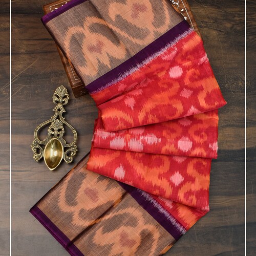Ikkat Handwoven Silk Cotton Saree in Coral Red and Purple | Sarees shops By Shobitam