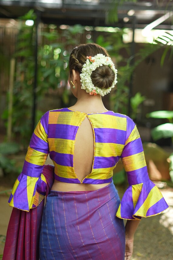 Yellow Purple Bold Stripes Design Pure Raw Silk V Neck Blouse With Bell Sleeves Etsy