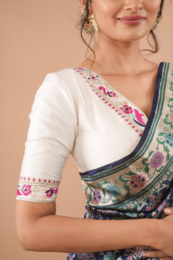 White Pure Raw Silk Blouse With Multicolor Machine