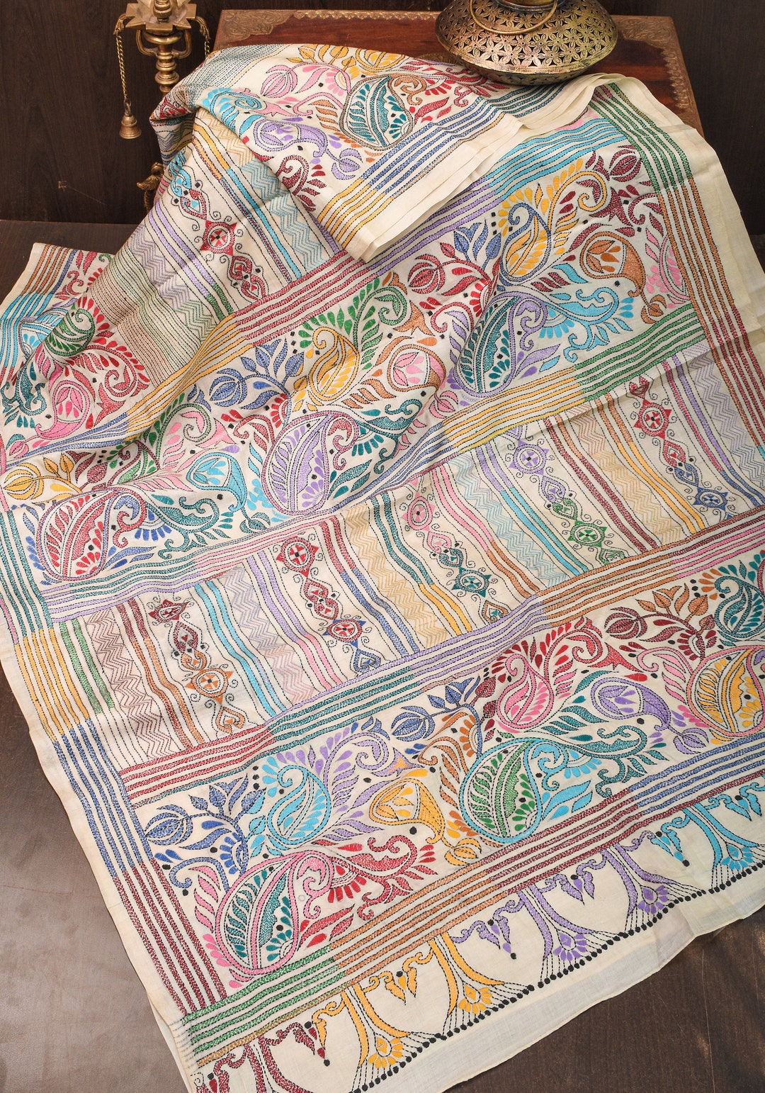 Heavy Work Handmade Kantha Embroidery Saree With Multicolor Threads on ...