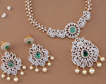 925 Silver White and Green CZ necklace set