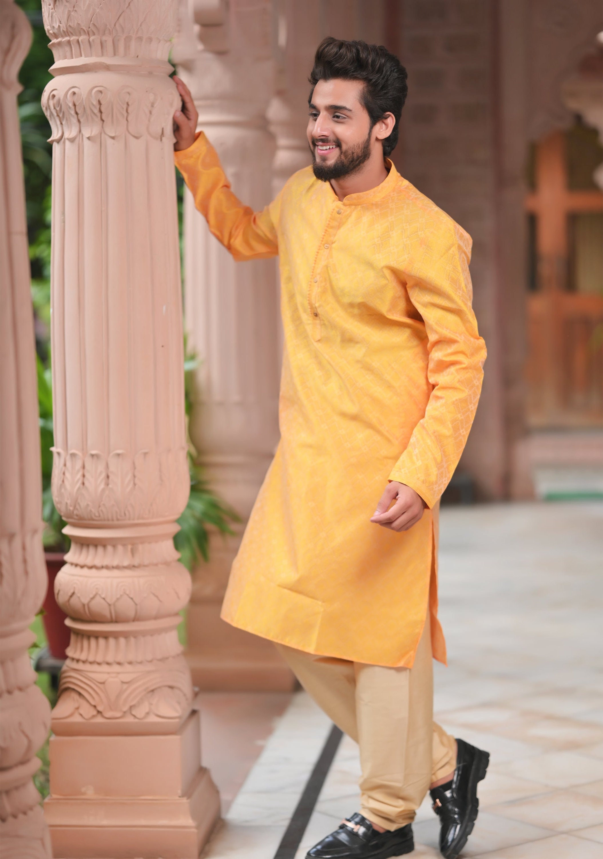 Deep Yellow Self Weave Kurta Pajama Set for Men Multiple Size Ethnic Menswear by Shobitam Etsy Canada