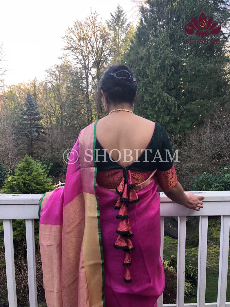 Pink with Green Border Linen Saree I Handwoven Saree I FREE SHIPPING in USA