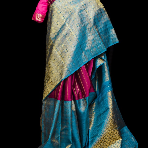 Unique 23" Half Border Kanjivaram Pure Silk saree in Beetroot Purple and Blue Dual Tone | SILK MARK CERTIFIED