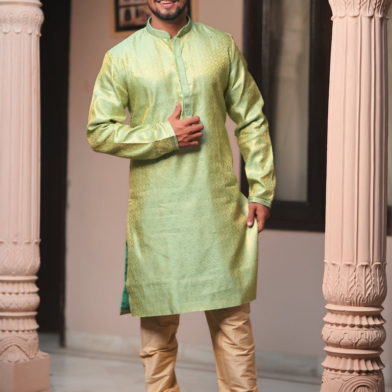 Boys Self Zari Weave Kurta Set-Green main image 0