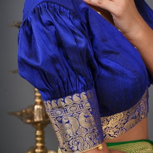 Made to Order: Blue Purple Puff Sleeve Blouse With Plunge Neck, Potli ...