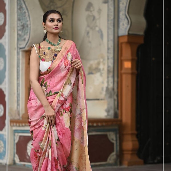 Floral Print Linen By Linen Saree in Pink I Sarees by Shobitam