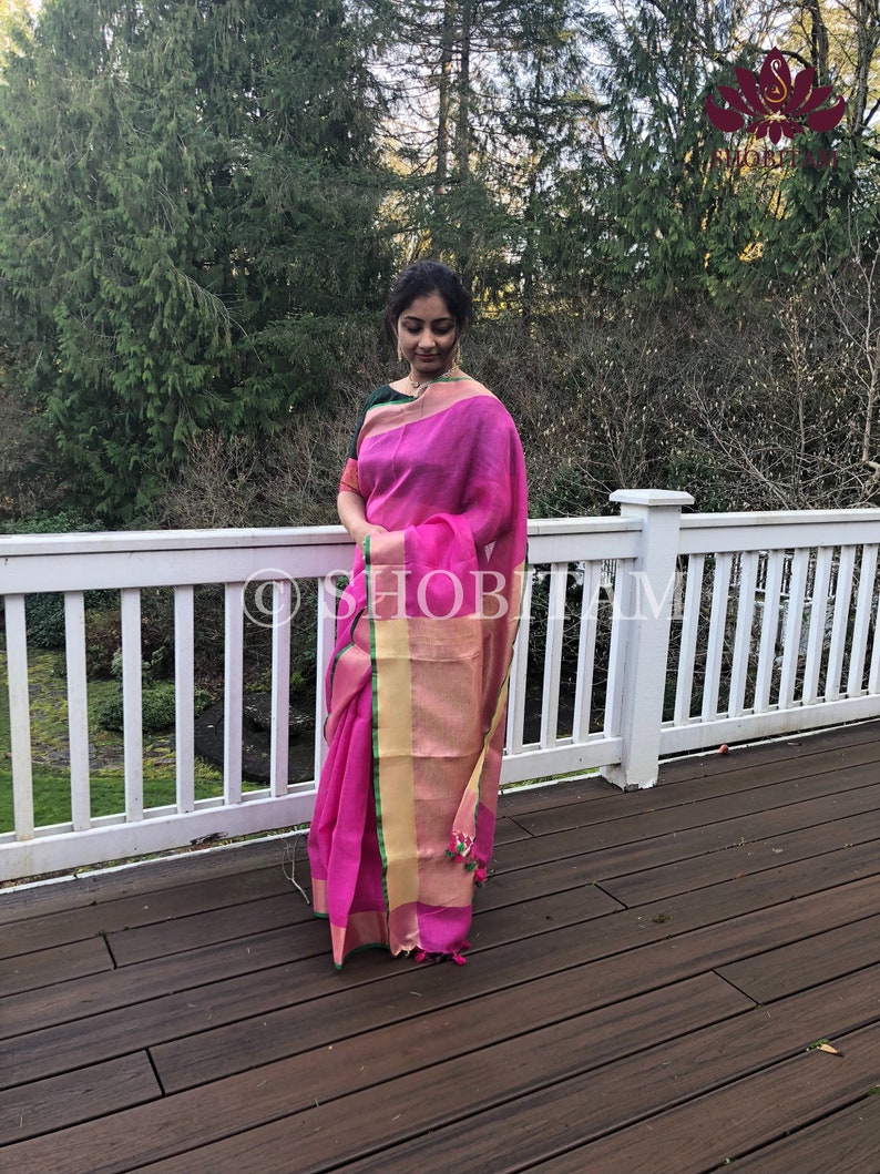 Pink with Green Border Linen Saree I Handwoven Saree I FREE SHIPPING in USA