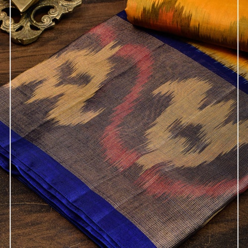 Ikkat Handwoven Silk Cotton Saree in shops Yellow and Blue | Sarees By Shobitam