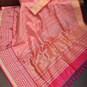 Kanchi Cotton Saree x Temple Border : Peachy Pink x Wine