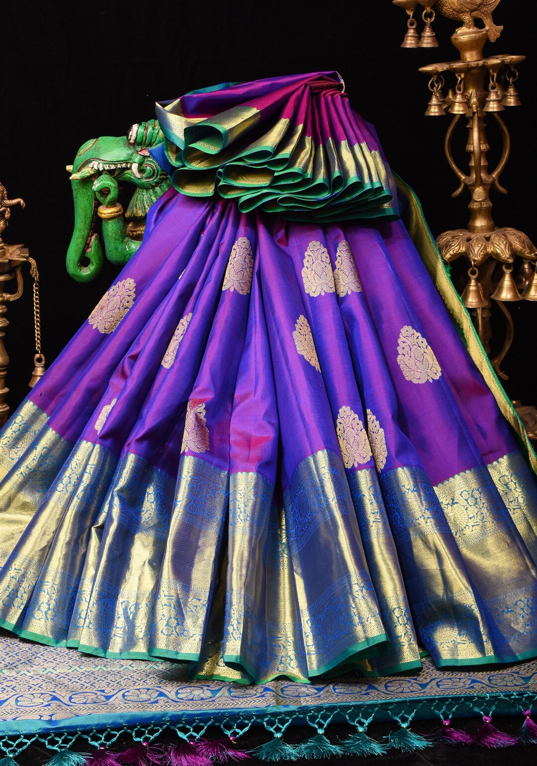 KSS313 Pure Kanjivaram Silk Saree In Purple w/ Wide Zari Border. Fall Peco done. Stitched blouse size: 38 to 46. SILK MARK CERTIFIED main image 1