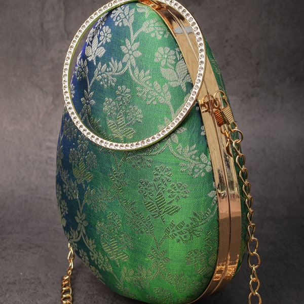 100% Pure Silk Brocade Kanjivaram Clutch in Drop Shape with Stone studded ring Green Tone