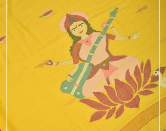 Yellow Cotton Saree with Goddess Saraswati Jamdani Pallu | Shobitam Saree