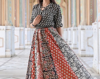 Overhemd met kalidar-rok en mandarijnkraag met blokprint van Kalamkari| Op bestelling gemaakt
