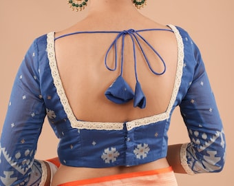 Blue Jamdani Style Cotton Blouse With Square Neck Lace Detailing, Customizable, Made to Order