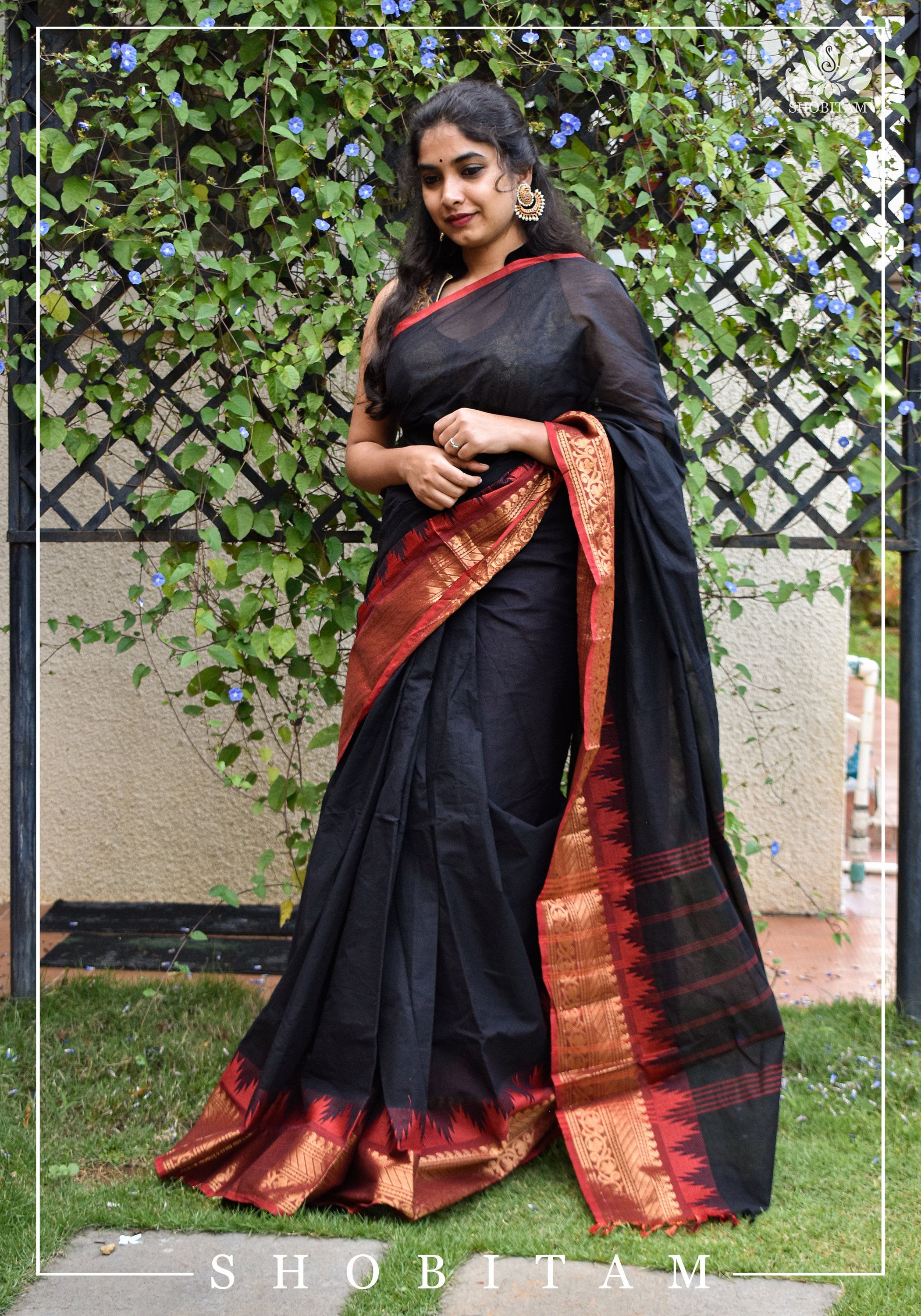 Chettinadu Cotton Saree in Black with Wide Red with Zari Border, no Blouse piece | Sarees by Shobitam