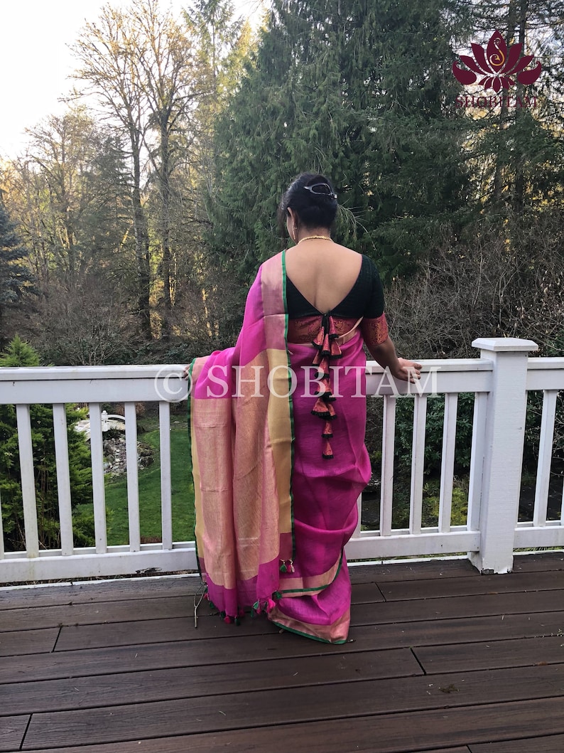 Pink with Green Border Linen Saree I Handwoven Saree I FREE SHIPPING in USA