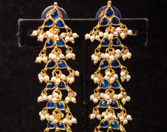 3 Inch Jadau Earrings in Tiered Leaf design with Blue Stones and dainty beads