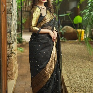 Black - Traditional Chanderi Silk Handloom Saree with Zari Border & Buta