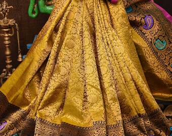 Brocade Gadwal Silk Saree in Citrine and Black  with 2 side Meenakari Borders | SILK MARK CERTIFIED