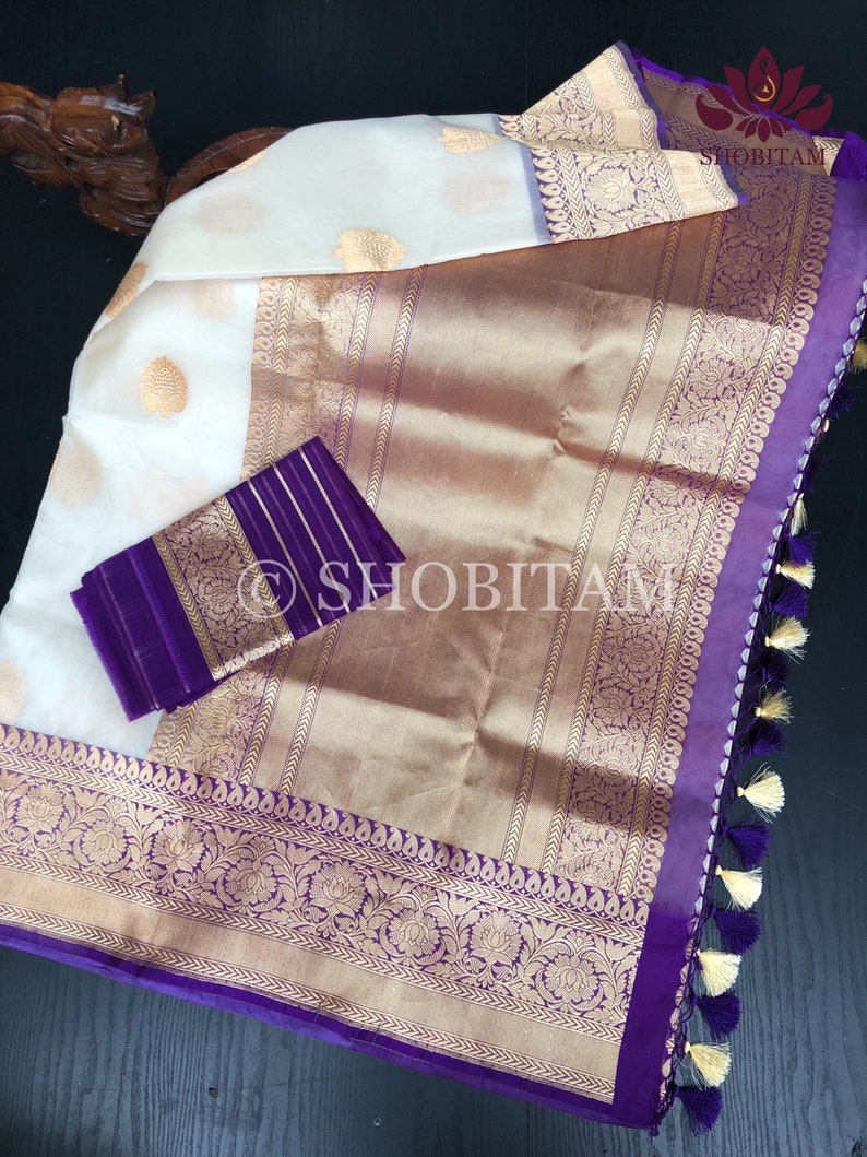 SILK MARK CERTIFIED Shobitam saree Pure Kora Silk Banarasi Saree in Ivory with Pink Borders in Kadhuwa weaving