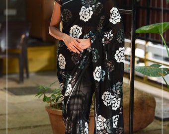 Georgette Saree with Rose Sequin work in Black