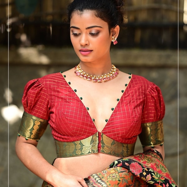 Red Green Plunge Neck Blouse in Chettinadu Cotton with Zari detailing