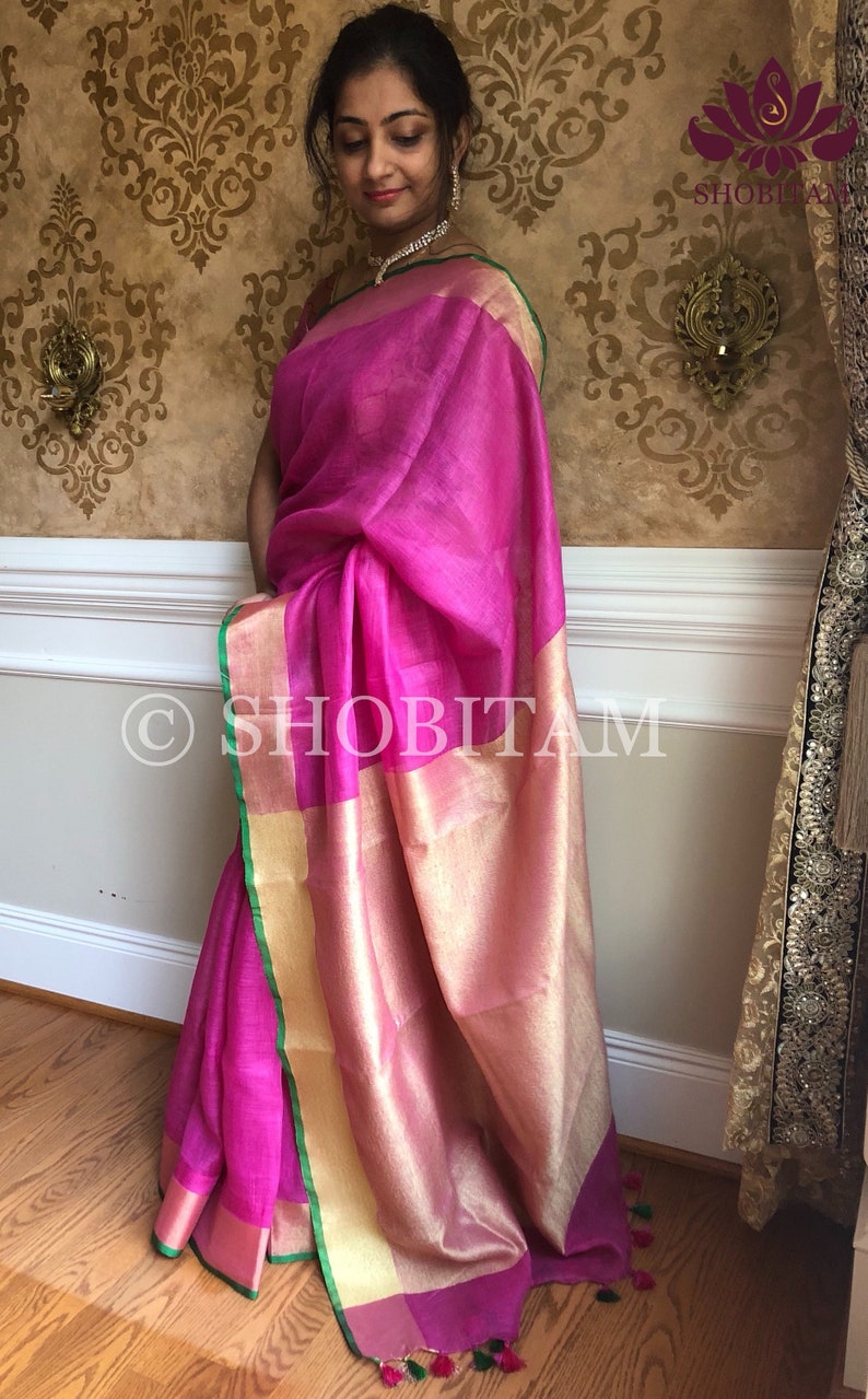 Pink with Green Border Linen Saree I Handwoven Saree I FREE SHIPPING in USA